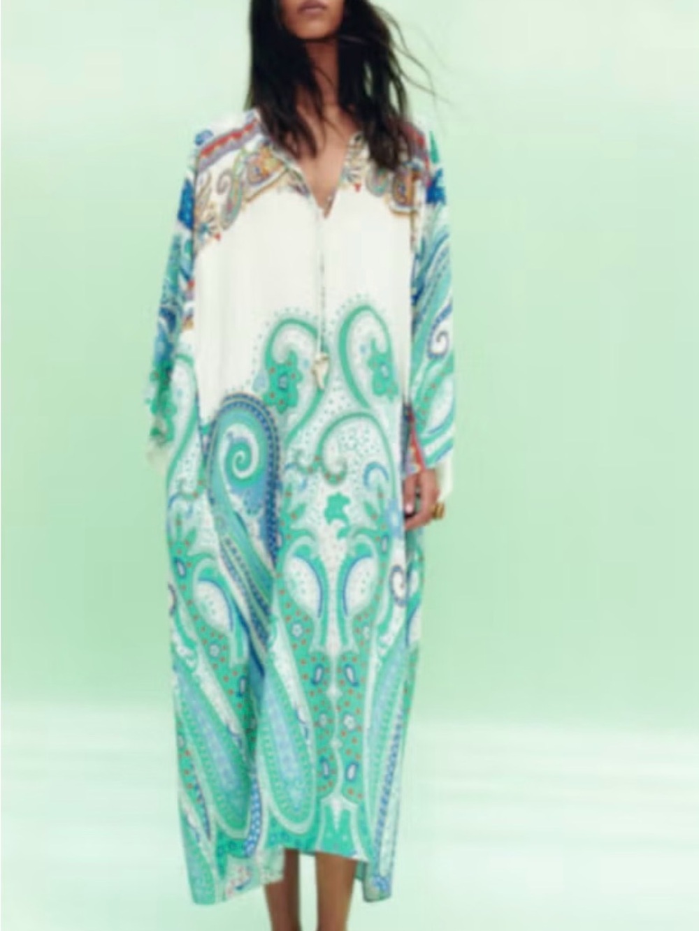 Zara White, Aqua & Teal Paisley Kaftan Coverup